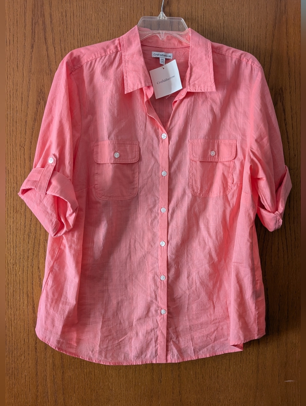 croft & barrow Pink Coral Roll-Tab Button Shirt Tunic Length XXL